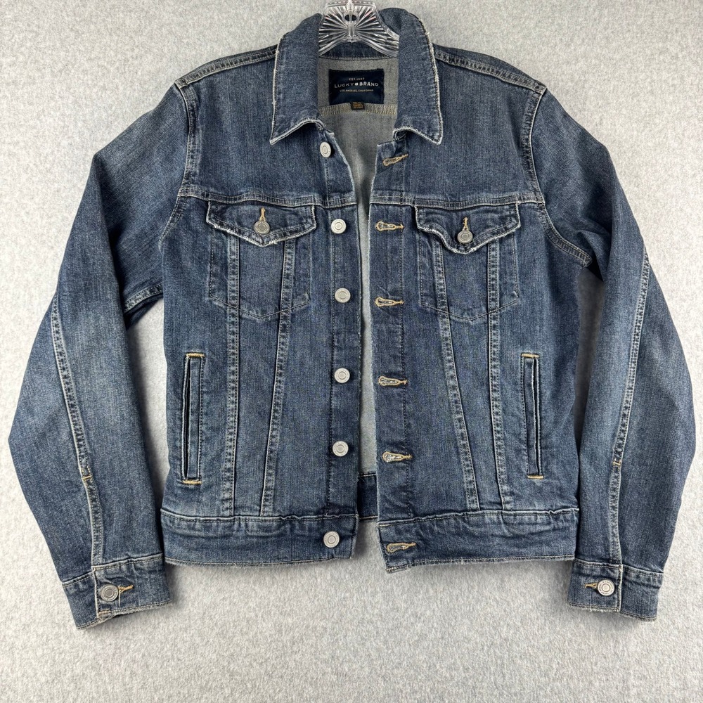 Lucky Brand Women's Denim Trucker Jacket M Medium Wash Blue Jean Distressed